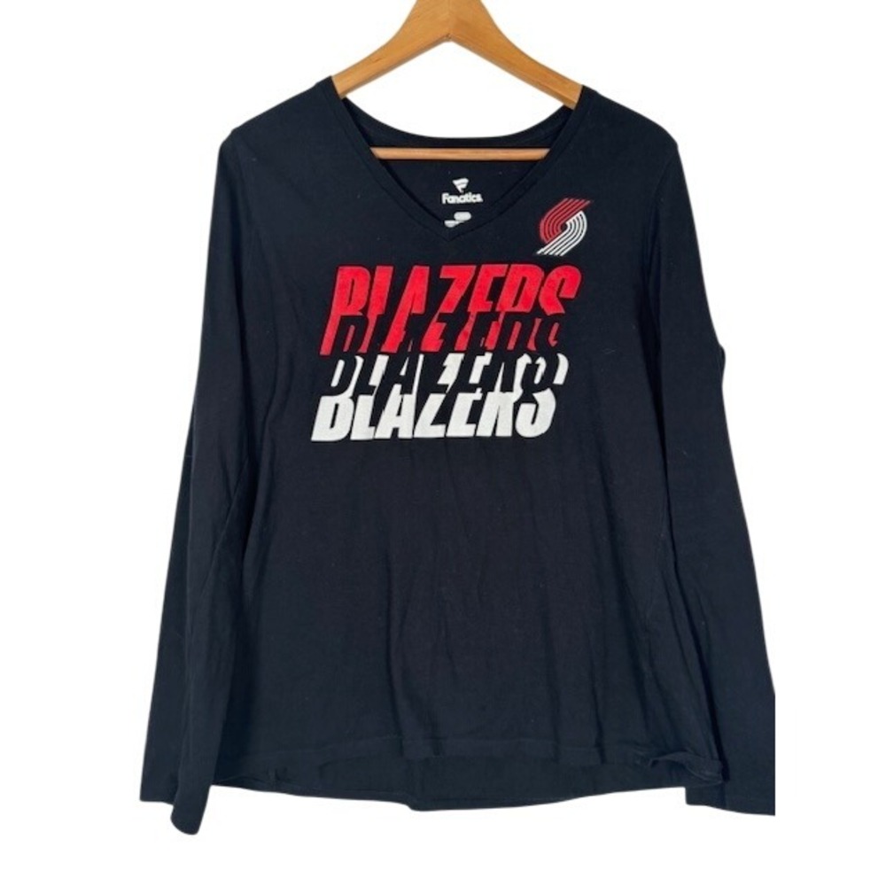 Fanatics Portland Trail Blazers Long Sleeve V Neck‎ Black T Shirt Womens Large